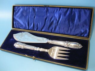 Antique Empire Style Hand - Engraved Silver Plated Ornate Fish Cutlery Serving Set