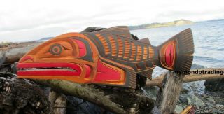 Northwest Coast First Nations Native Cedar Art Carved Salmon Signed,  Large