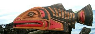 Northwest Coast First Nations native cedar Art carved SALMON signed,  LARGE 3