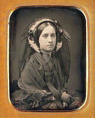Pretty Young Lady Wearing Bonnet With Veil,  Shawl 1/9 Plate Daguerreotype F593