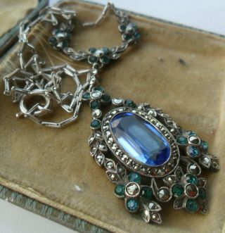 Vintage Art Deco Jewellery Silver Marcasite Necklace Bridal Blue Glass Marcasite