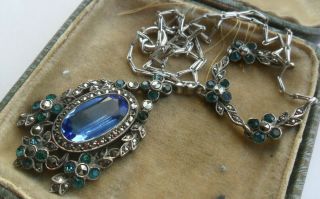 Vintage art deco jewellery silver marcasite necklace Bridal blue glass marcasite 2