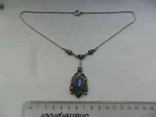 Vintage art deco jewellery silver marcasite necklace Bridal blue glass marcasite 3