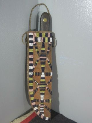 Early 19th Century Primitive Native American Beaded Sheath W/ 2 Pin Trade Knife