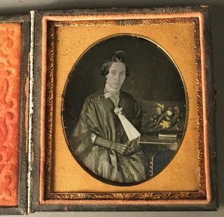 1/6 Plate Daguerreotype Of Young Lady W/ Fan And Hand - Colored Flowers,  No Wipes