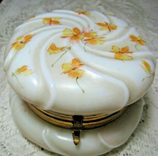 Vtg Wave Crest Milk Glass Trinket Jewelry Pin Vanity Box Flower Swirl Hinged 3 "
