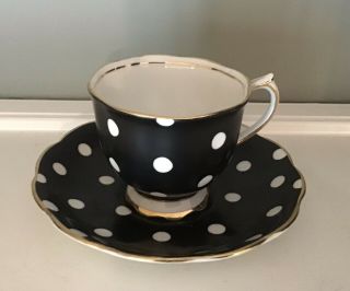 Vintage 1930/40’s Royal Albert Black And White Polka Dot Tea Cup And Saucer Set.