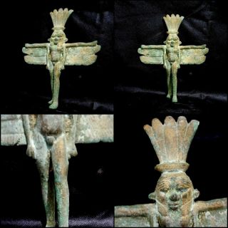 Rare Antique Ancient Egyptian Bronze Statue God Bes Winged Defender 2230 - 2160 Bc