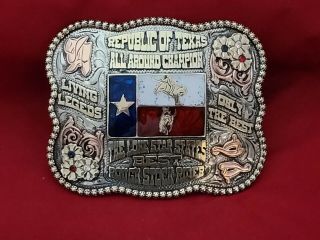 Rodeo Trophy Belt Buckle The Republic Of Texas Roughstock Champion Vintage 672