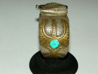 94 Gram Vintage Sterling Silver & Brass With Turquoise Watch Cuff Bracelet