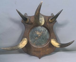 19thc Antique Old West Style Western Ghost Town Cattle Horn Coat Mirror Hat Rack