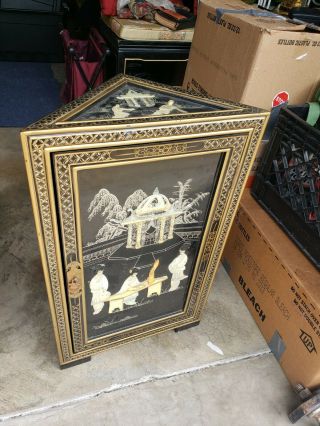 Vintage Asian Black Lacquer Storage Cabinet Mother Of Pearl & Asian Designs
