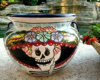 Mexican Talavera Pottery Garden Bean Pot Flower Planter Catrina Day Of Dead 19 "