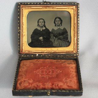 1/6 Plate Tintype Full Case Two Young Ladies Sisters