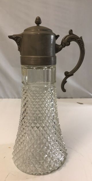 Crystal Carafe Pitcher Decanter Vintage Silver Plate Top With Ice Chiller Insert