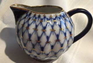 Vintage Russian Imperial Lomonosov Porcelain Creamer Cobalt Net 22k Gold Ussr
