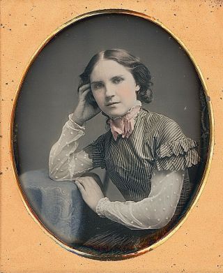 Artistically Posed Pretty Young Lady Striped Dress 1/6 Plate Daguerreotype F582
