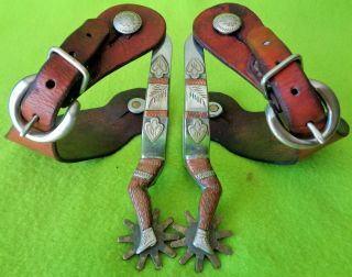 Vintage Double Silver Mounted Gal Leg Cowboy Western Buckaroo Spurs & Straps Nr