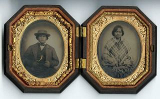 c.  1850 ' s Ninth Plate Tintypes of Native American Couple Octagonal Thermoplastic 3