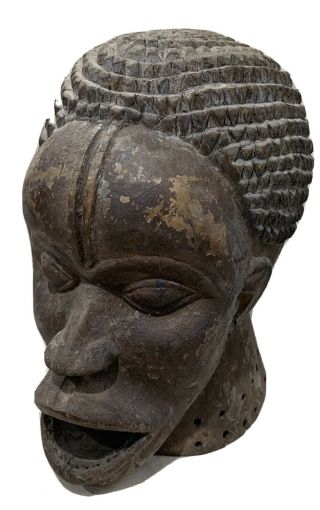 VINTAGE AFRICAN ART STATUE large HEAD Helmet Carved Wood Mask 2