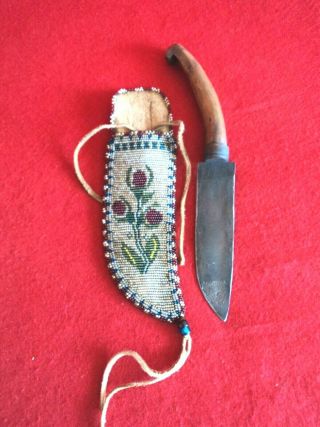 Antique Trade Knife With Beaded Sheath Beadwork