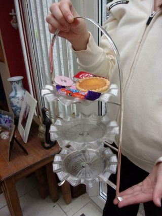 3 Tier Antique Silver Plated Cake Stand 3 Spun Glass Frilled Plates