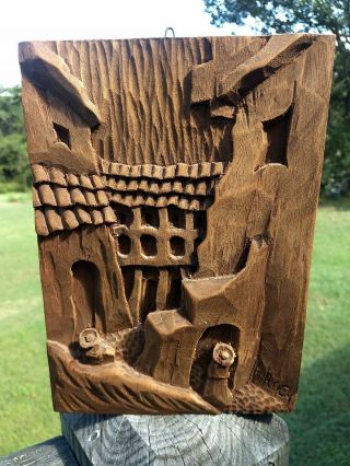 Vtg South American Folk Art Bas Relief Wood Carving Carved Wooden Plaque Signed