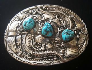 Vintage Navajo Belt Buckle Silver Turquoise Native American Signed Justin Morris