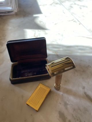 Vintage Gold Tone Gillette Aristocrat Safety Razor & Case & Razor Holder