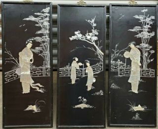 3pc Set Vtg Oriental Lacquer Mother Of Pearl Wood Wall Panels Japan Asian Geisha