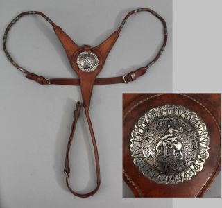 Antique Western Leather Horse Breast Collar Rodeo Bucking Bronco Silver Concho