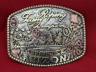 Bisbee Arizona Vintage Rodeo Trophy Belt Buckle ☆ Team Roping Champion 612