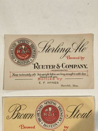 1900s HIGHLAND SPRING BREWERY,  RUETER & CO,  BOSTON,  MA PRE - PROHIBITION ALE LABEL 2