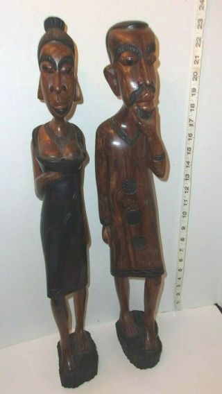 Vintage African American,  Black Hand Carved Wooden Statues,  Pair Women & Man 23 "