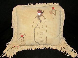 Vintage Native American Indian Leather Hide Pillow 17 " X 17 " With Fringe