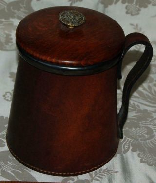 Vintage Leather Tankard With Lid Pewter Colour Ceramic Liner Armorial Crest 1970