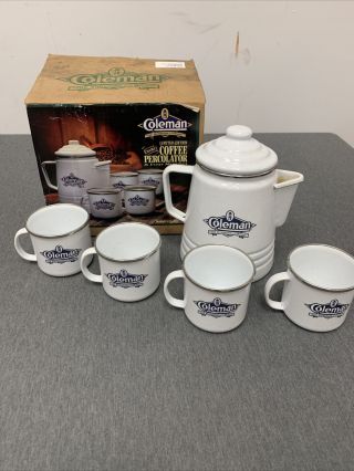 Vtg Coleman Limited Edition Camping Enamel Coffee Percolator & 4 Mugs Set
