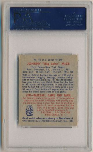 JOHNNY MIZE 1949 Bowman 85 Graded PSA 5 EX YORK GIANTS HOF Vintage 2