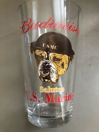 Budweiser Salutes U.  S.  Marines Pint Beer Glass Bulldog Vintage Euc