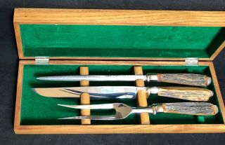 Rare Vintage Abercrombie And Fitch 3 Piece Horn Carving Set Wood Box Germany