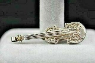 Vintage Sterling Silver Violin Brooch Pin Filigree 2 1/4 "