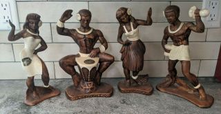 4 Vtg Mcm Hawaiian Tiki Hula Dancers,  Drummer Figurines Treasure Craft Of Hawaii
