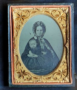 Young Mother & Cute Baby C1855 Large Quarter 1/4 Plate Ambrotype Photo