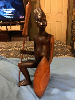 Vintage Wood Hand Carved African Warrior Shield And Club 16” Tall