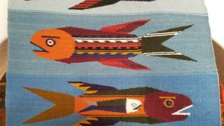 Vintage Stacked Fish Woven Wool Wall Hanging Rug Art Zapotec Mexico 3