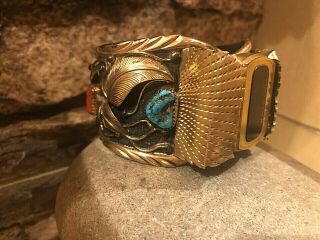 Vintage Navajo? Watch Cuff Bracelet Turquoise &coral Gilbert A 12k Gf Ovr Silver