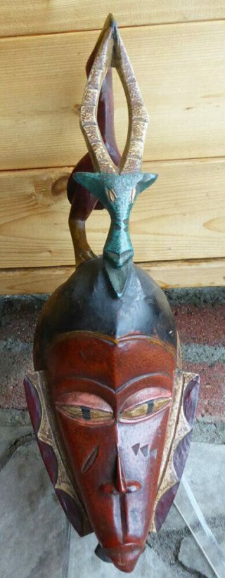 Vintage African Baule Red Face Zoomorphic Antelope Bird Mask Ethnographic Tribal