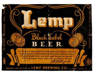 1930s Lemp Brewing Co,  East St Louis,  Illinois Lemp Black Label Beer Irtp Label
