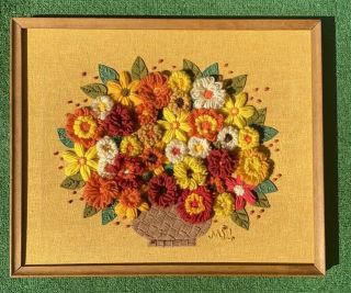 Vintage Crewel Yarn 3 D Framed Floral Bouquet Multi Color Flowers In Vase Signed