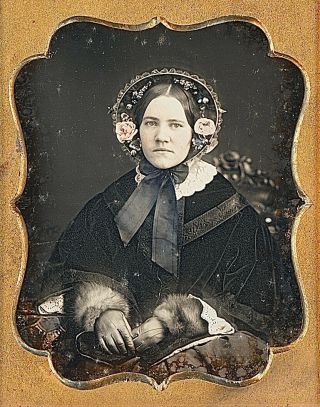 Young Lady Wearing Bonnet With Tinted Flowers Fur 1/9 Plate Daguerreotype F558